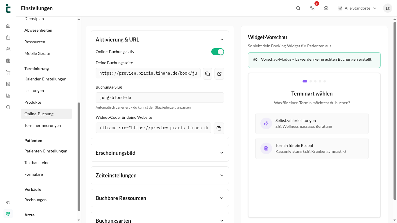 Die Online-Buchung-Einstellungen mit Buchungslink, Widget-Code & Live-Vorschau des Buchungswidgets.